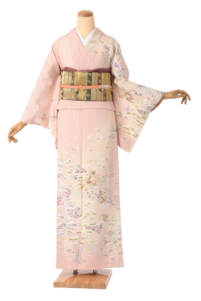 ・訪問着（正絹） 霞短冊春秋花 灰桜色 MOサイズ D480 レンタル